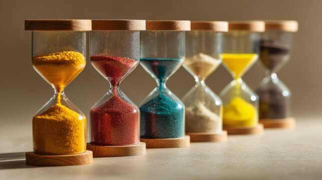 Colorful Hourglasses with Distinct Sands Representing Time, Change, and Transition in a Minimalistic Setting