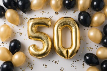 Shiny gold number 50 balloons for special event