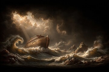 Dramatic scene of Noah's Ark on stormy sea under storm sky with light rays