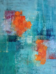 Abstract painting with turquoise and orange spots in contemporary style