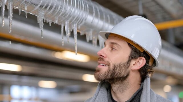Construction worker observing icicles forming on overhead pipes while wearing safety helmet and warm clothing, showcasing the effects of temperature changes in an industrial environment