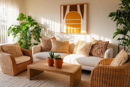 Sun-Drenched Afrohemian Living Room with Adire Textiles and Ethiopian Wall Art