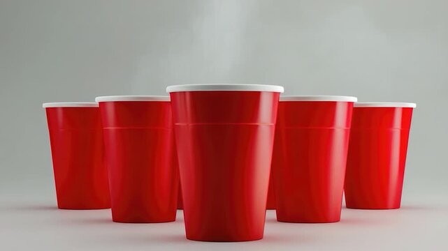 Video A row of bright red plastic cups sitting on a table, ready for use