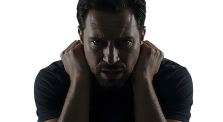 Man with hands on head for stress and anxiety concept, Isolated on white background