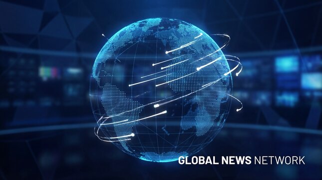 Abstract digital globe representing global news network. Futuristic earth visualization with data streams and multiple screens. International media broadcasting and information technology connection - Powered by Adobe