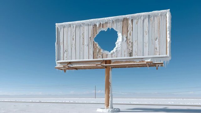 Weathered billboard with ice and snow accumulation showcasing a prominent hole, revealing the continuous deterioration of the structure in a stark winter landscape under clear blue skies