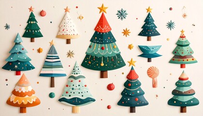 Grid of stylized Christmas trees with varied shapes, colors, and decorations on festive background
