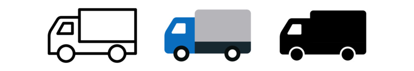 Three diverse delivery trucks in various styles: outline, filled color, and solid black.
