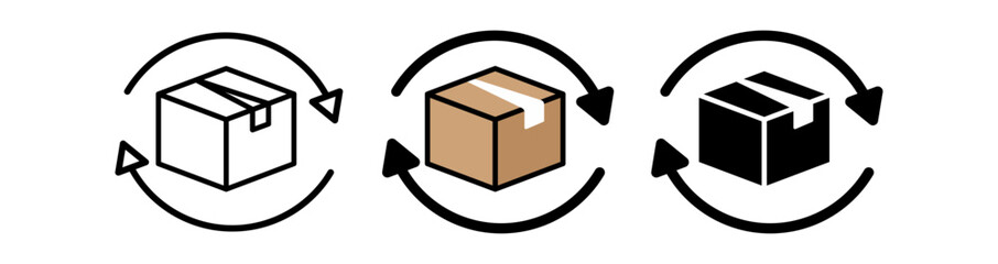 Set of three stylized package icons in varying colors, illustrating the packaging concept.