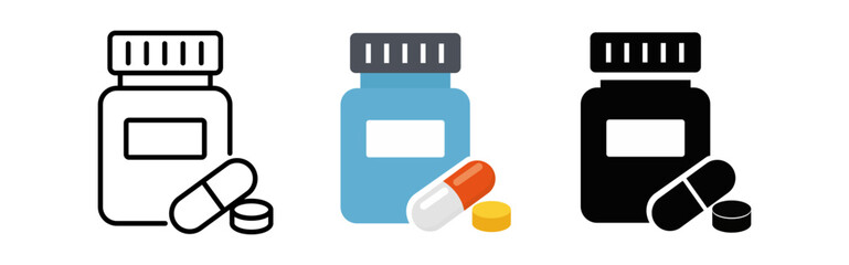 Three variations of a medicine bottle with pills, showcasing simplicity in design.