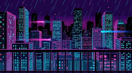 Pixel art cityscape with neon lights in rain. Futuristic urban skyline viewed from balcony. Retro gaming style digital illustration for cyberpunk themes and sci-fi concepts