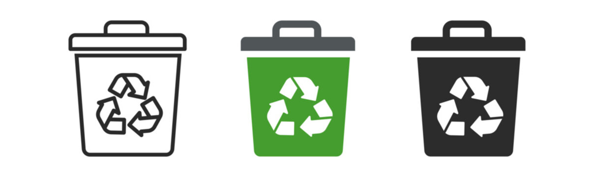 Set of three recycling bins in various colors showcasing eco-friendly waste management.