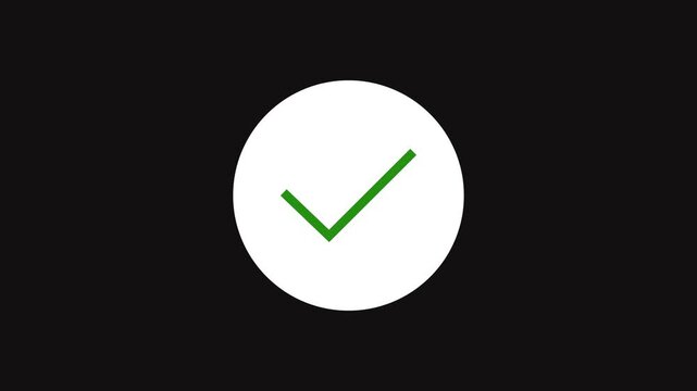 Animated check mark icon on dark background representing approval, success, confirmation and verification. Ideal for UI, apps, websites, presentations and corporate videos.