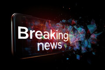 Smartphone with "Breaking news" text on screen with abstract particles on black background