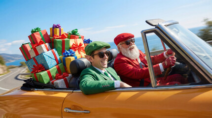 Santa and his elf wear elegant suits while joyfully cruising a coastal road in a vintage convertible full of wrapped presents.
