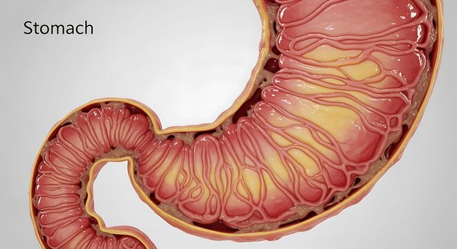 Anatomical view of human stomach showing internal rugae folds and muscle layers digestive system organ