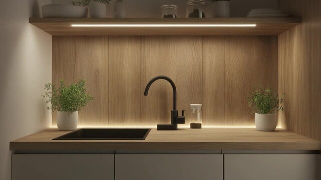 Modern kitchen countertop with sink and faucet under soft lighting