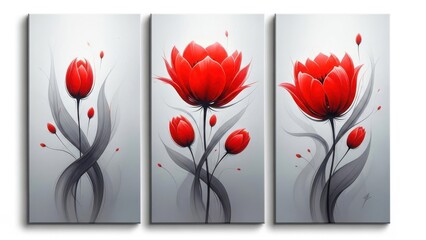 A stunning triptych features vibrant red tulips against a soft grayscale background creating a modern floral display