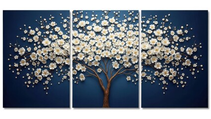 A stunning triptych wall art piece depicts a blossoming tree with delicate white flowers against a deep blue backdrop