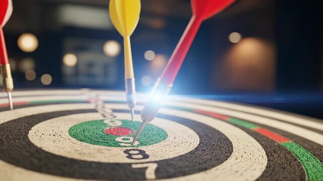 Close-up of a dart hitting the bullseye on a target board in an indoor game setting.