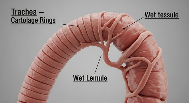 Illustration of the human trachea windpipe showing cartilaginous rings and wet tessule