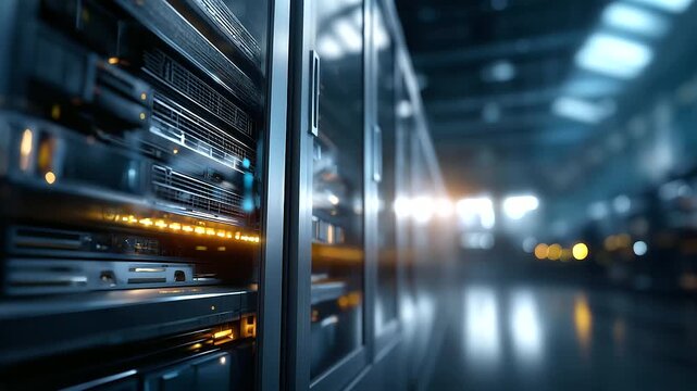 Grand AI powered data facility with machine computation optimization blurred server environment algorithm scaling operations massive linguistic framework hub technology