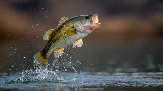 Largemouth bass fish jumping out of water