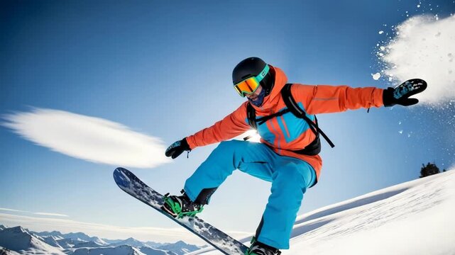 Professional snowboarder carving a sharp turn and kicking up fresh powder snow. Action sequence on a sunny day in the mountains. Extreme winter sports and active holiday lifestyle