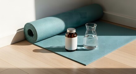 Wellness setup with supplement bottle, water carafe, and blue yo