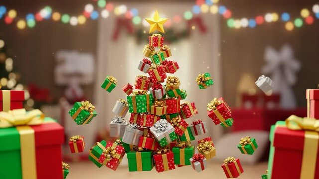 Creative animation sequence of a christmas tree made from gift boxes falling apart. Festive holiday concept showing an abundance of presents for a seasonal celebration