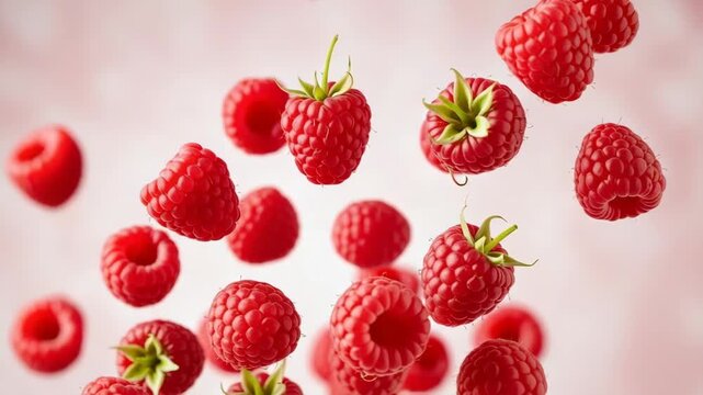 Dynamic panoramic banner of fresh red raspberries falling through the air. A delicious and healthy organic fruit ingredient for summer desserts or vitamin rich smoothies