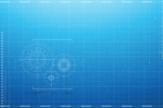 Abstract mechanic parts of car engine or watch. Gear blueprint technical background. Cogs and wheels in blue color. Blueprint of working clock. Tech drawing of gears connection. Vector illustration.