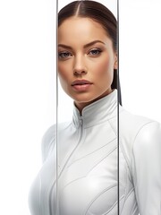 Modern cloud dancer beauty portrait in white futuristic outfit for 2026 trends. Clean aesthetic with sleek styling, natural makeup, perfect for tech branding, sci-fi concepts, contemporary fashion.