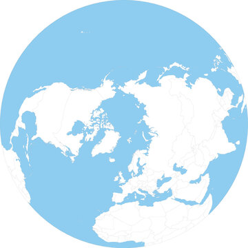World Map North Pole, Northern Hemisphere View Azimuthal Projection Editable Vector