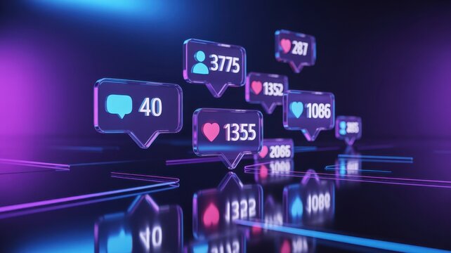 Futuristic social media notification icons for likes, comments, and followers, symbolizing online engagement and digital marketing success - Powered by Adobe