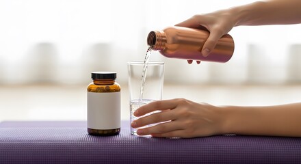 Woman pouring water from copper bottle into glass next to vitami