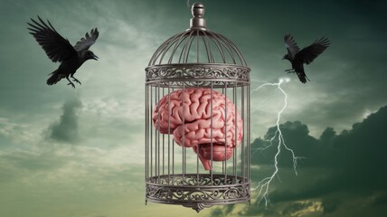 Human brain in a birdcage, symbolizing mental confinement, freedom, and the power of thought, with crows and lightning