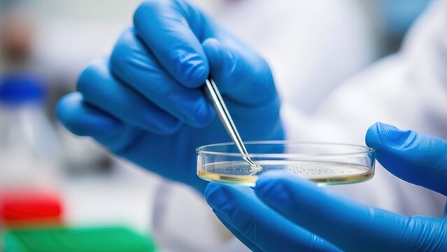 Close up of hands in blue gloves working with a petri dish in a laboratory