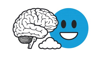 Conceptual illustration depicting a human brain, a fluffy white cloud, and a cheerful blue smiley face, isolated on white background