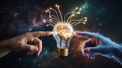 Human and artificial intelligence connect, symbolizing innovation, creativity, and the future of technology with a glowing brain in a lightbulb