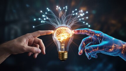 Human and digital hands connect with a glowing lightbulb containing a brain, symbolizing artificial intelligence, innovation, and the fusion of technology and human thought for new ideas and solutions