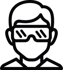 Black and white icon of a person wearing safety goggles science