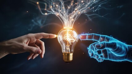 Human and robotic hands connect to a glowing lightbulb, symbolizing the powerful synergy of human creativity and artificial intelligence