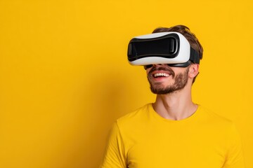 Excited man exploring virtual reality world