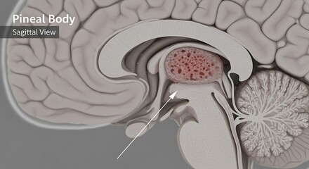 Sagittal cross section view showing pineal body location deep within human brain endocrine system gland