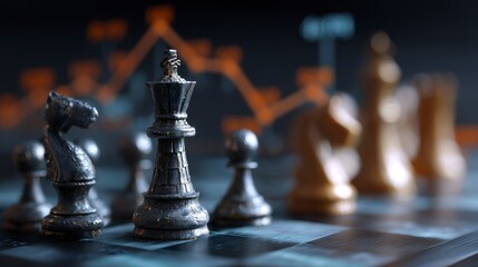 Close-up of chess pieces on a board, with blurred lines in background suggesting strategy, competition, and financial analysis