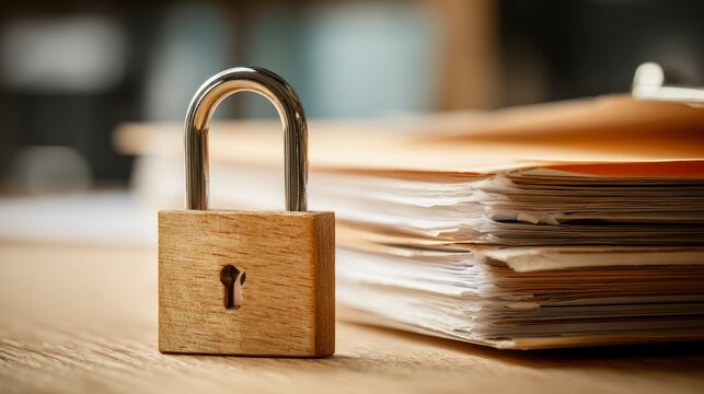 A wooden padlock rests in front of a stack of documents, symbolizing data security and privacy. The scene is brightly lit with shallow depth of field - Powered by Adobe