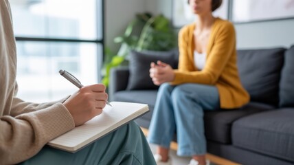 A professional therapist takes notes during a counseling session with a female client, offering mental health support and guidance