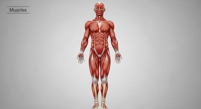 Full body anatomical model of human muscles system showing detailed superficial muscular groups