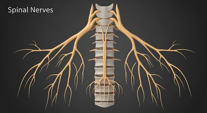 Human spinal nerves system extending from vertebrae column showing neurological anatomy structure 3d illustration